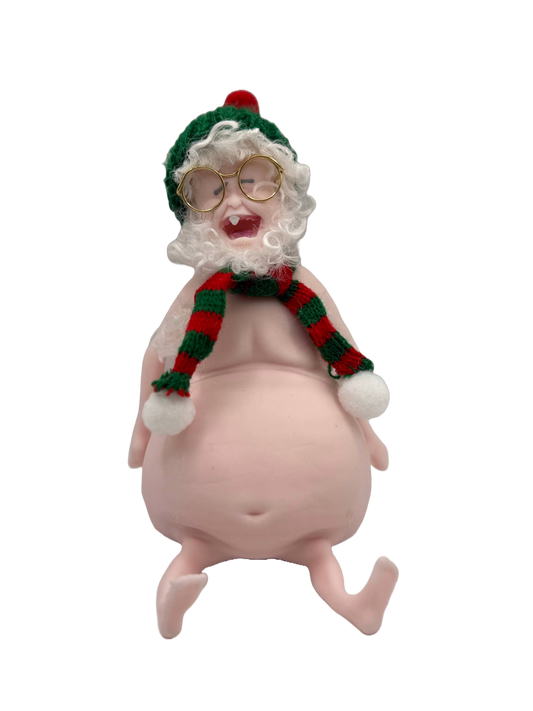 THEMUGLY Rene Squishy Doll: Hairy Santa Edition with Beard, Beanie, Scarf & Glasses, Christmas Desk Ornament Stress Toy, Funny White Elephant Gag Gift