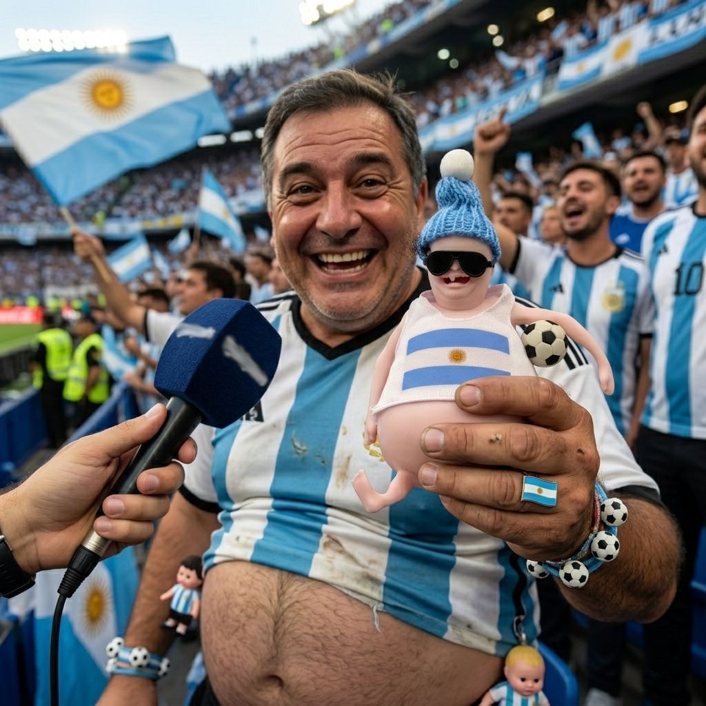 Man in Argentina jersey holding a toy doll with blue and white striped outfit, surrounded by fans in a stadium.