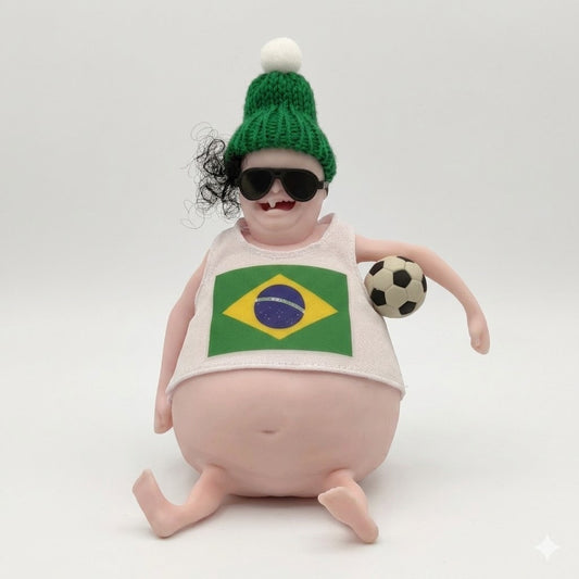Toy figure wearing a green hat, sunglasses, and a tank top with a Brazilian flag, holding a soccer ball.