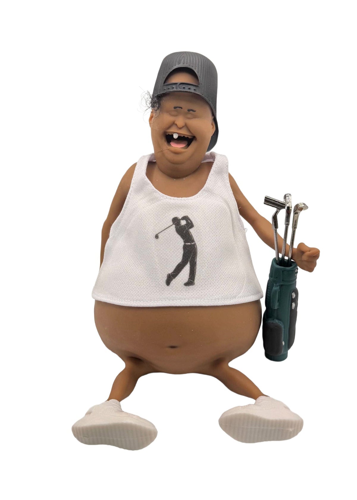 A collectible figurine of a cartoonish, overweight golf player character wearing a white tank top with a black golfer silhouette, a gray cap, and white shoes, holding a green golf bag with clubs, on a solid white background.