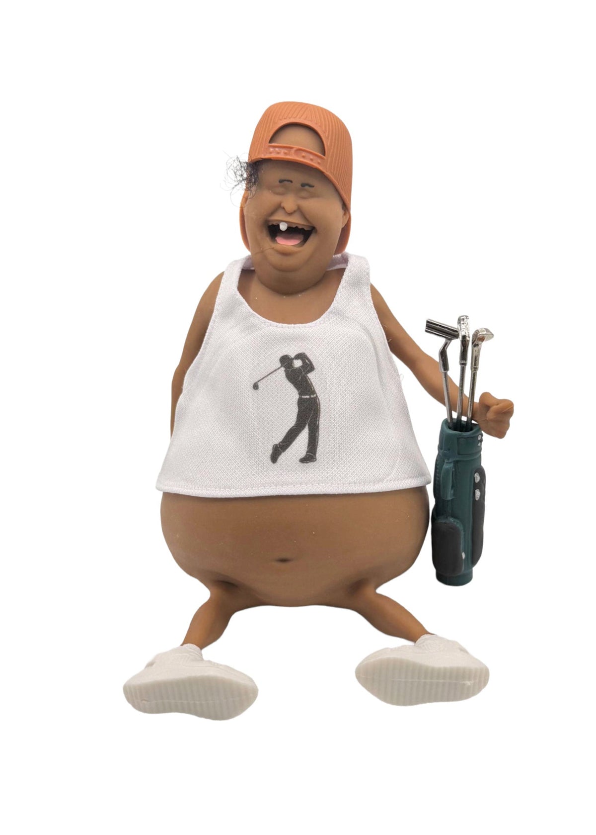 A collectible figurine of a cartoon-style overweight man with a large belly, wearing an orange baseball cap backwards and a white tank top with a black golf player graphic. He is holding a green golf bag filled with clubs, set against a plain white background.