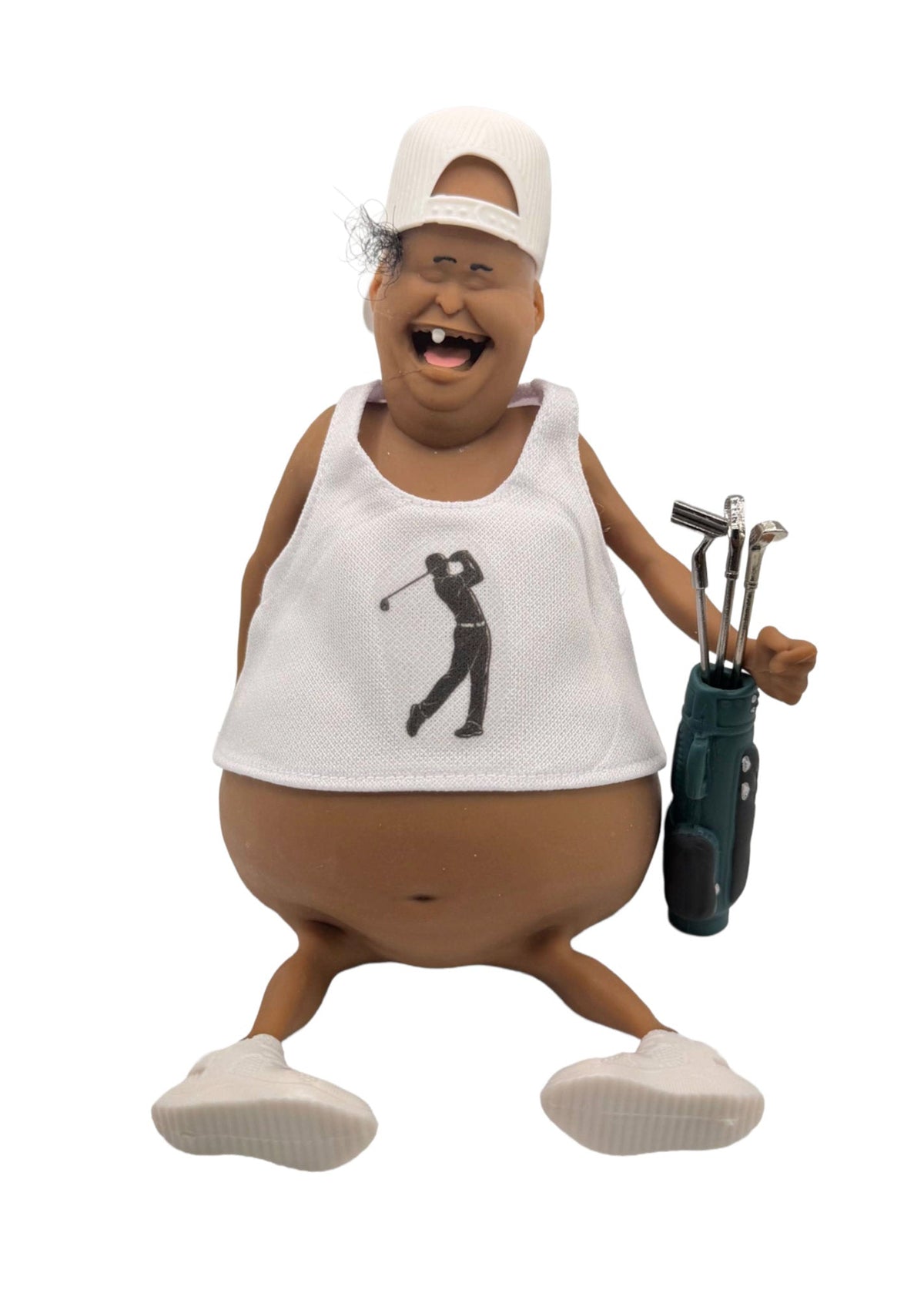 A novelty collectible figurine of a cartoon-style overweight man wearing a white tank top with a black golfer silhouette, a white cap, and white shoes, holding a golf bag with clubs, set against a plain white background.
