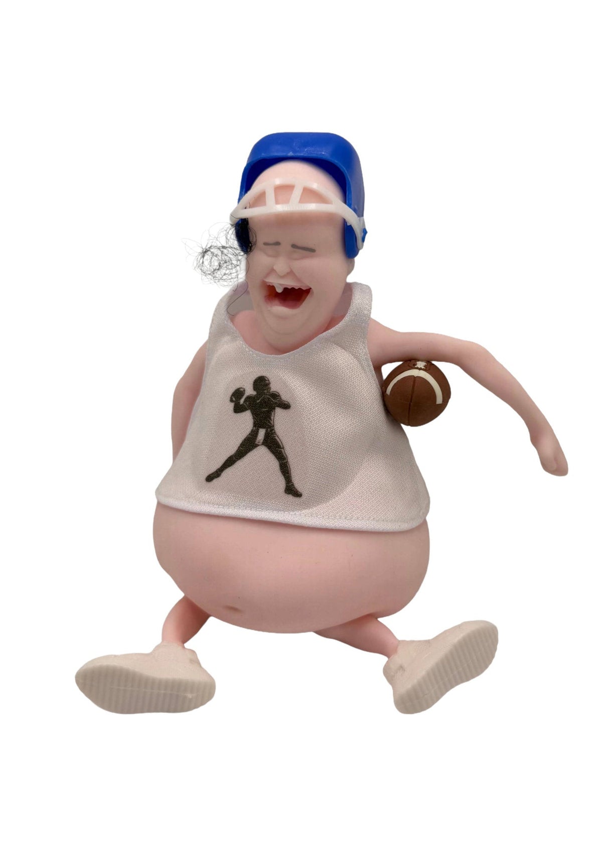 A novelty collectible figurine of a cartoonish overweight football player running, wearing a white tank top with a black football player silhouette, a blue helmet, and holding a brown football.