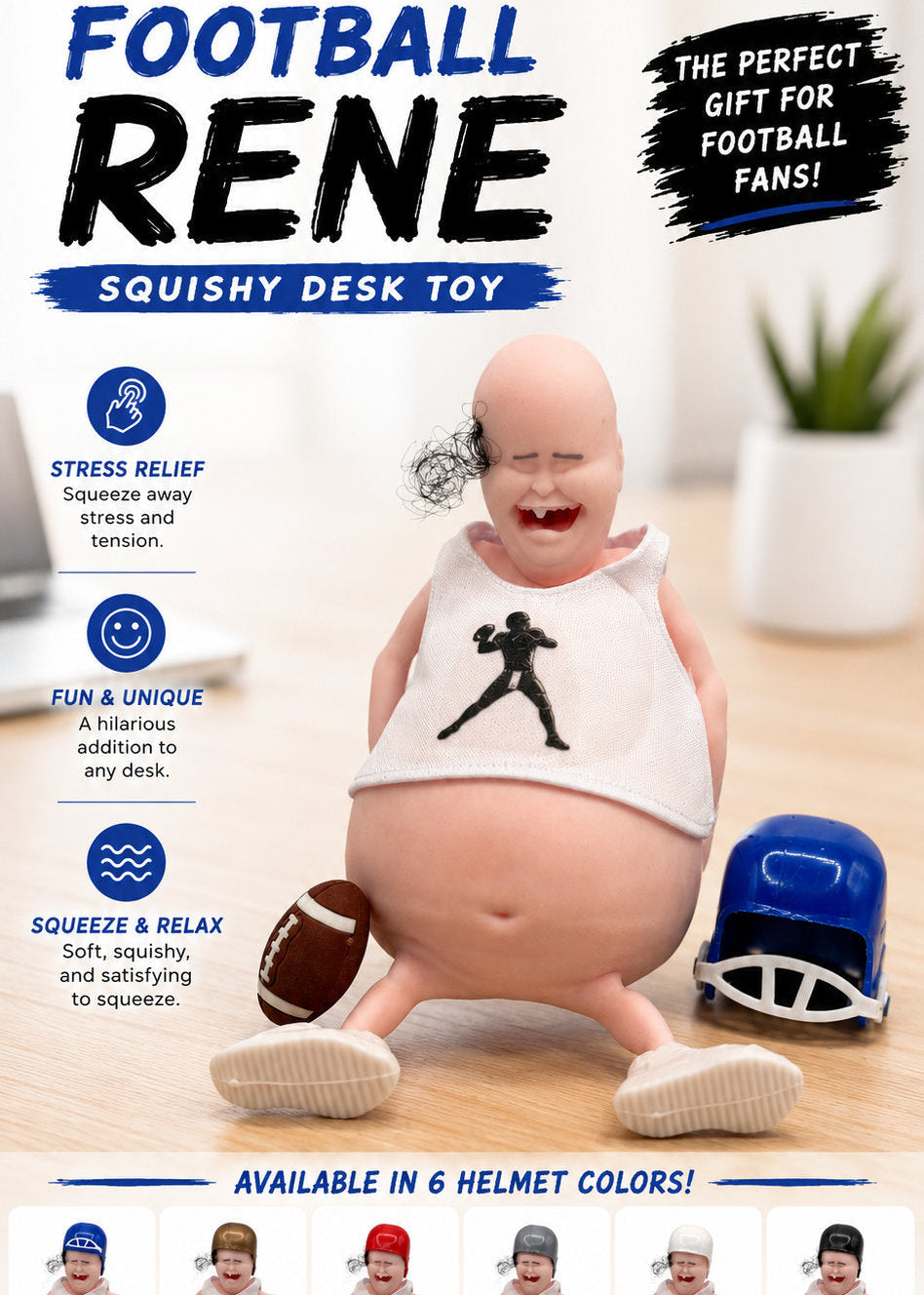 A novelty squishy desk toy shaped like a baby football player, shown sitting on a wooden surface with a football and helmet nearby. The image includes marketing text, feature callouts, and a row of color options along the bottom.