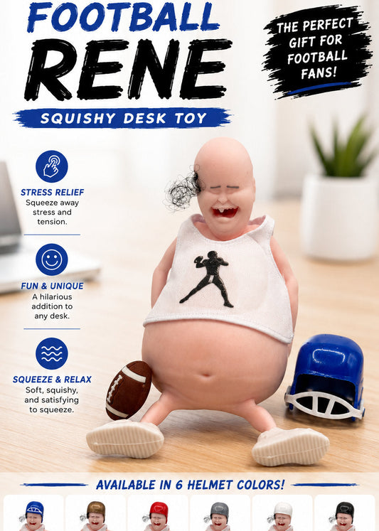 A novelty squishy desk toy shaped like a baby football player, shown sitting on a wooden surface with a football and helmet nearby. The image includes marketing text, feature callouts, and a row of color options along the bottom.