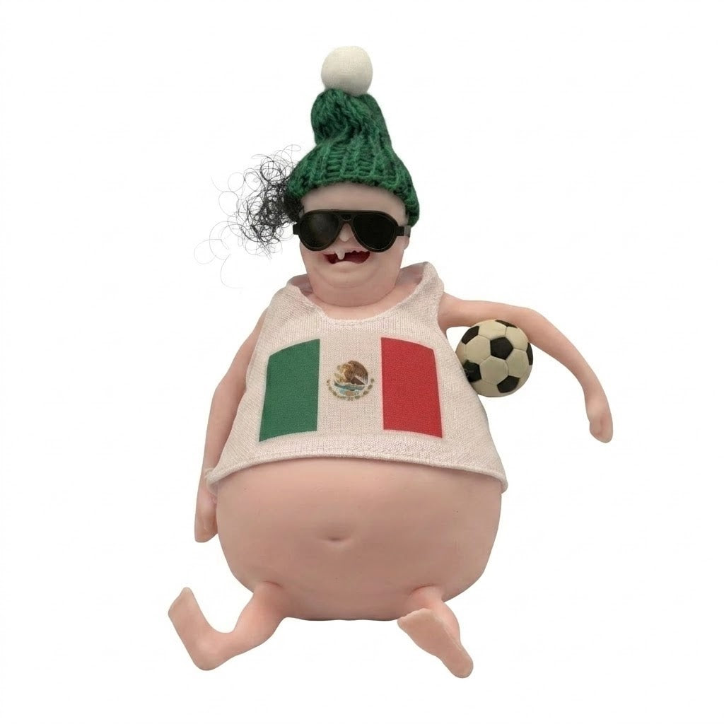 Toy figure with a green hat, sunglasses, and a tank top with a flag design on a white background