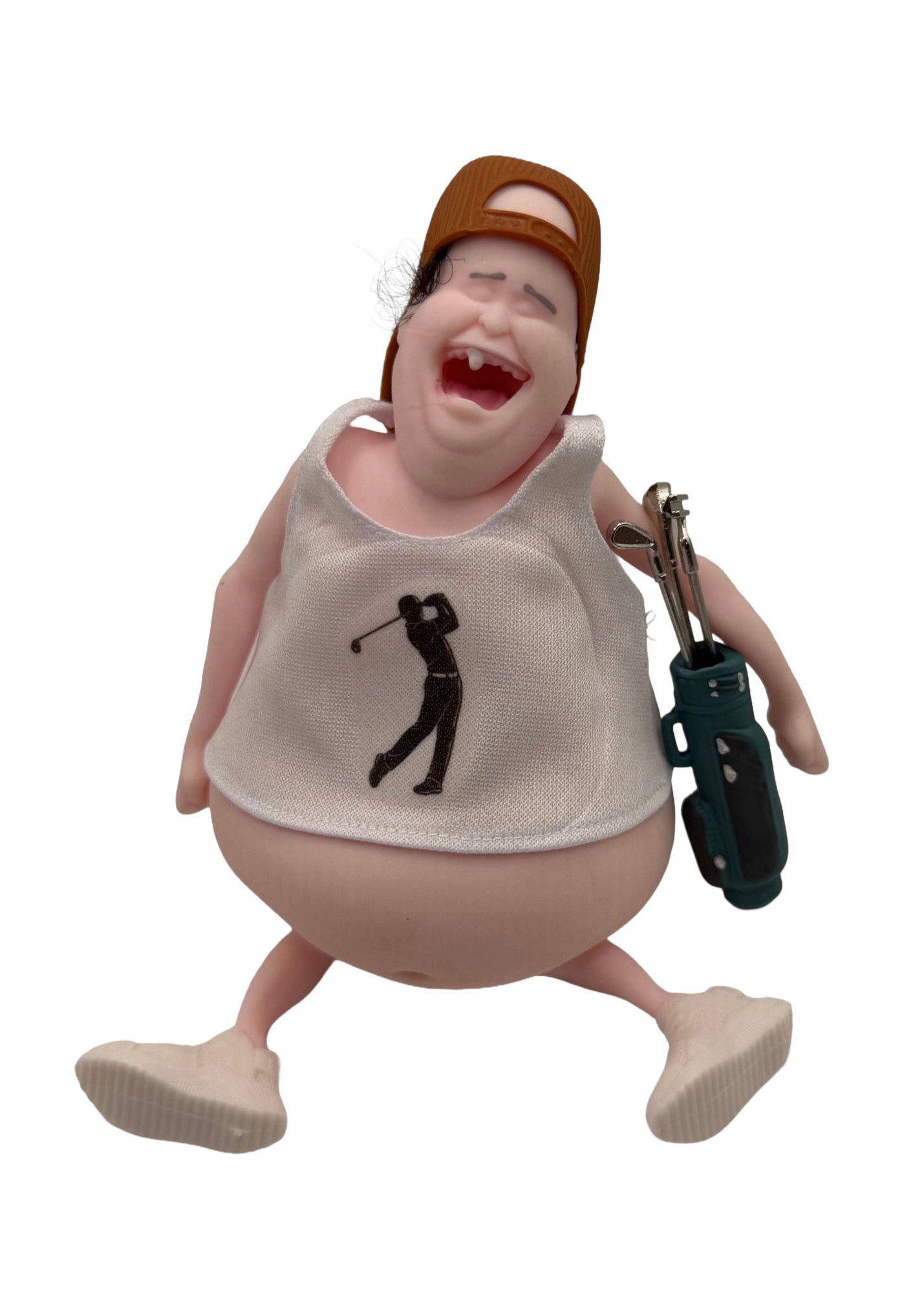 A novelty figurine of a laughing man wearing a brown cap, a white tank top with a black golf player graphic, and holding a golf club, set against a plain white background.