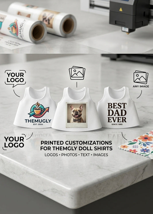 Three white customizable baby tank top mockups displayed on a marble countertop, showing example customizations: a colorful logo, a dog photo, and 'BEST DAD EVER' text. Rolls of printed material and a machine are blurred in the background.