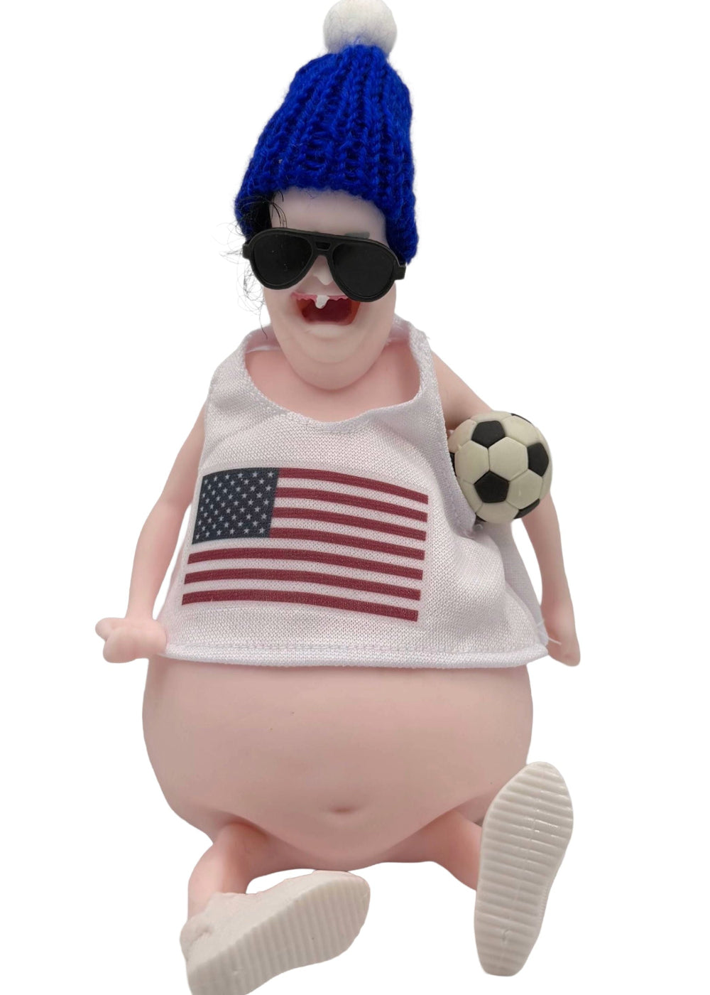 Figurine wearing a blue beanie, sunglasses, and a tank top with an American flag, holding a soccer ball.